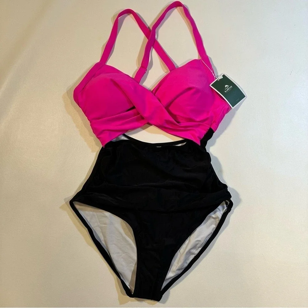 NWT Eomenie Size S Pink Tummy Control High Waist Cutout One‎ Piece Swimsuit
